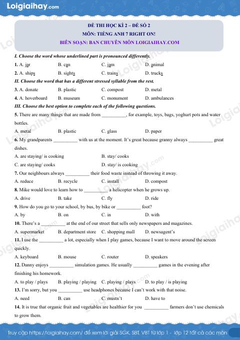 Đề thi học kì 2 Tiếng Anh 7 Right on! - Đề số 2
